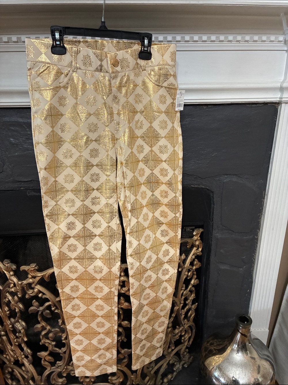 High-Rise Metallic Gold Pattern Skinny Pants